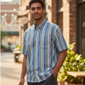 VTG Whatzup Mens Short Sleeve Button Up Shirt Multi Color‎ Stripe Casual Size L